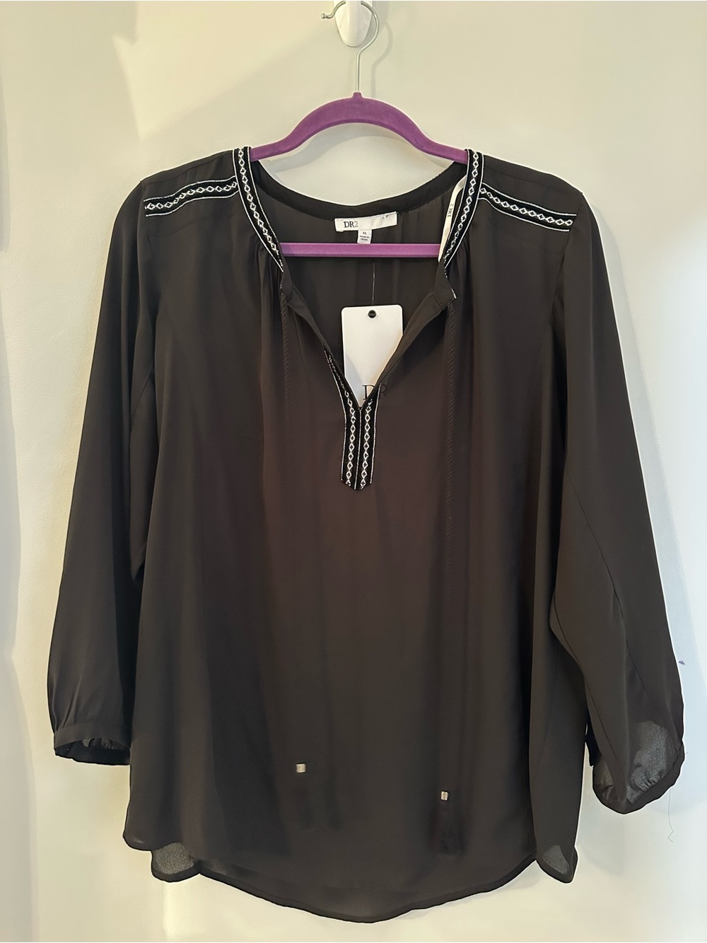 NWT DR2 Black Embroidered Split Neck Tassel Boho Blouse Long Sleeve Top XL